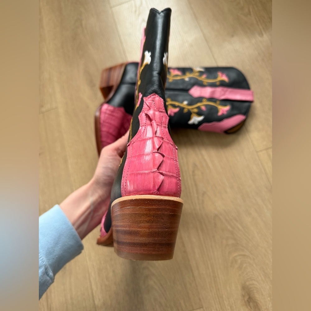 Los Altos Boots Pink Black Floral Embroidered Western Genuine Crocodile Size 7 - Picture 11 of 12